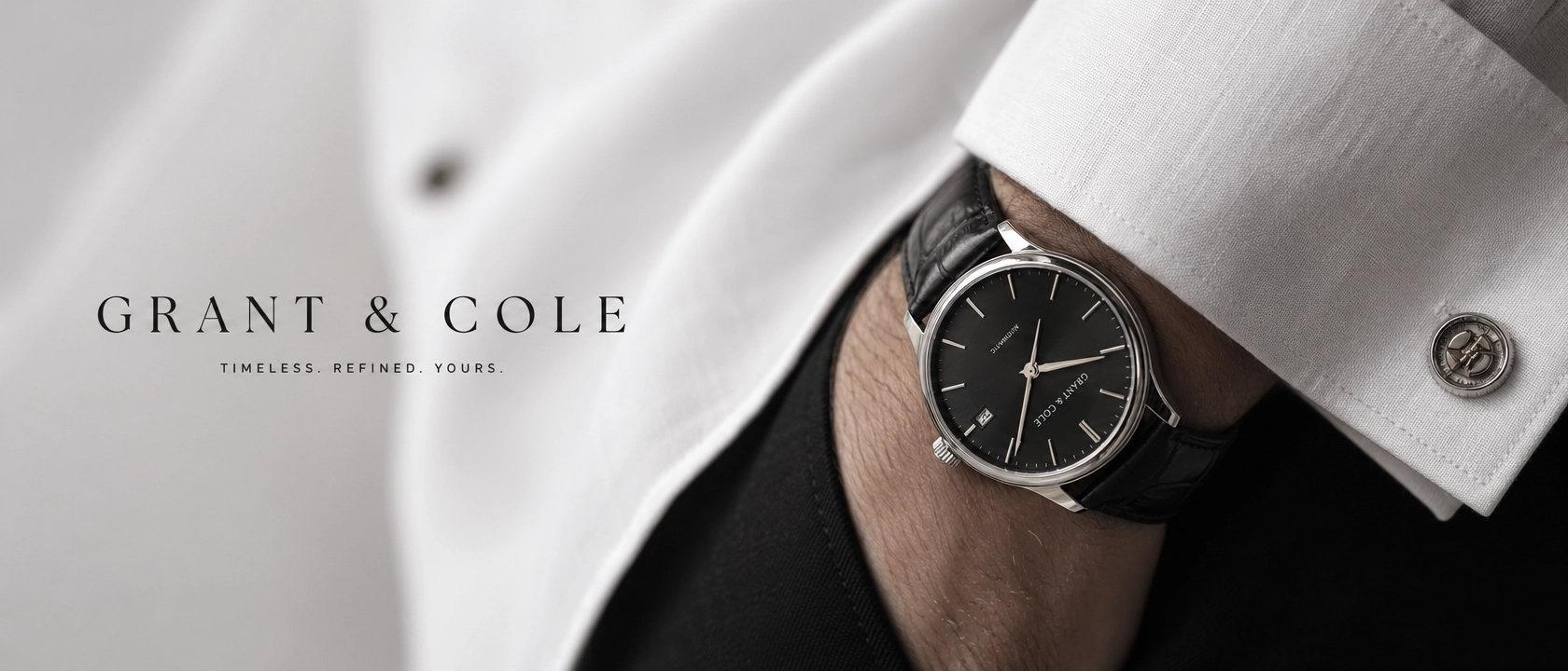 Close-up of a wrist wearing a black wristwatch with 'Grant & Cole' branding.